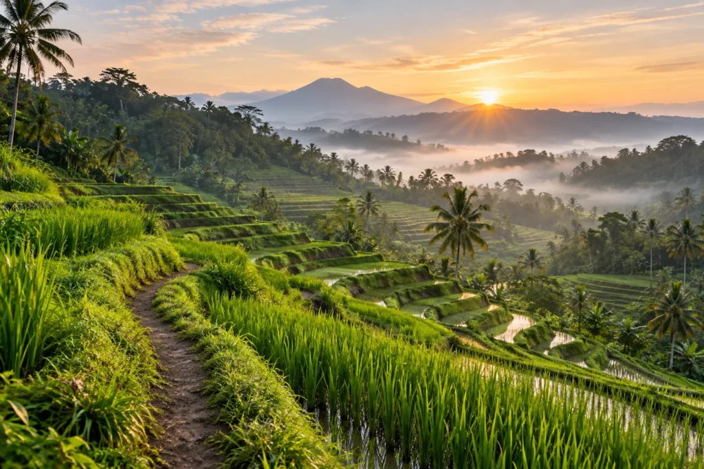 Paysage illustratif de rizières en terrasses et de palmiers au lever du soleil, inspiré de Bali.
