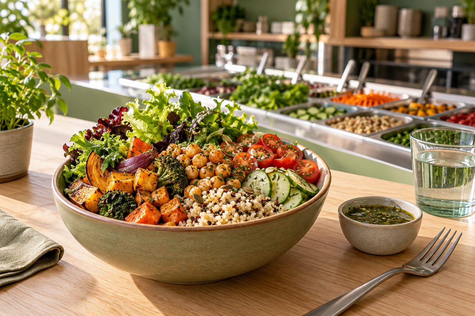 Salade de légumes, quinoa et pois chiches dans un bol réutilisable au comptoir d’un salad bar.