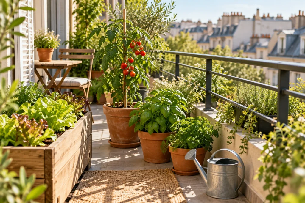 Petit potager sur un balcon avec salades, tomates cerises et herbes aromatiques en pots.