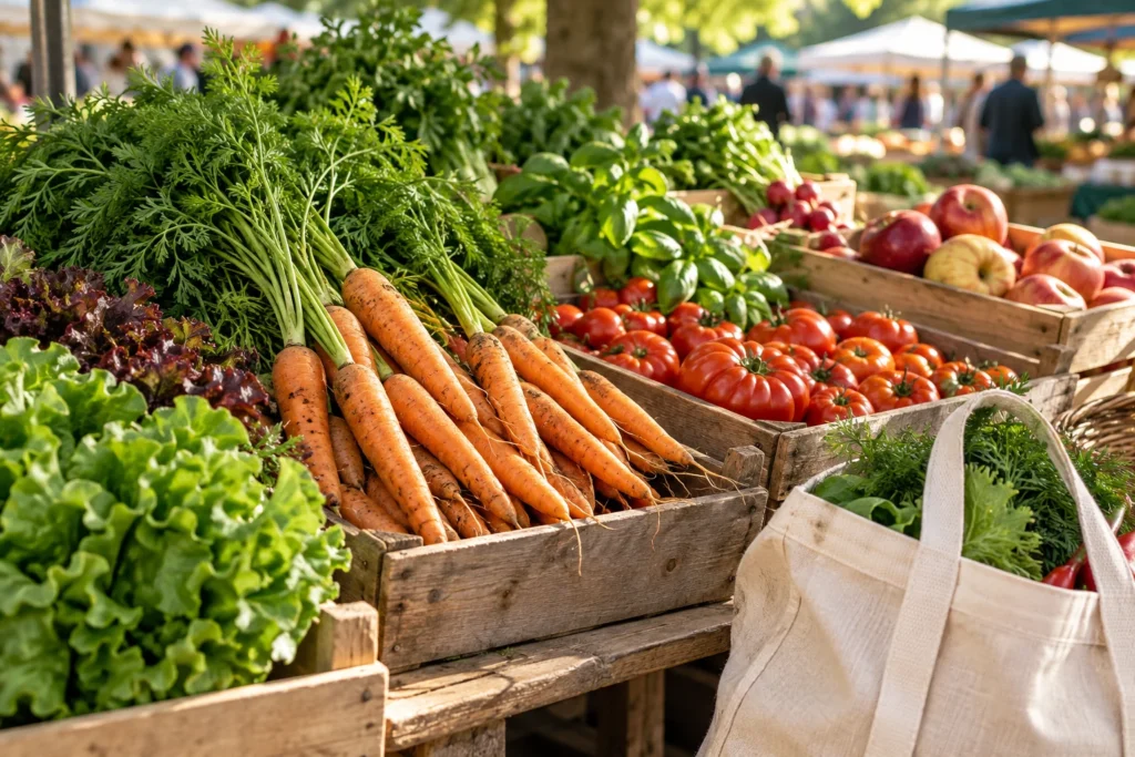 Carottes, salades, tomates et pommes sur un étal de marché en plein air.