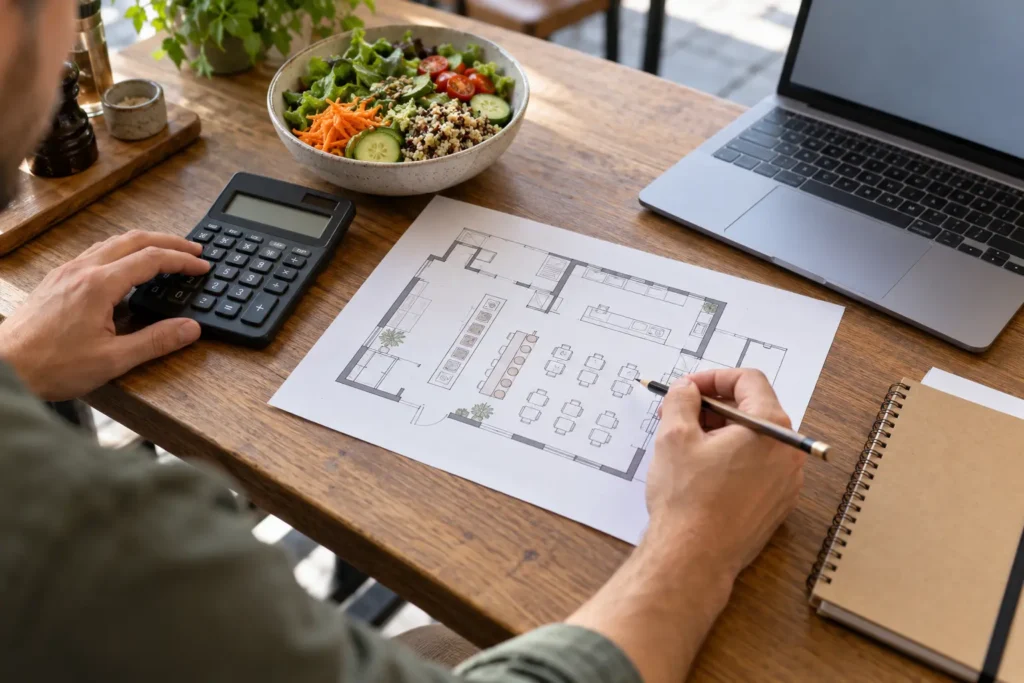 Préparation du budget d’un salad bar avec un plan de restaurant et une calculatrice