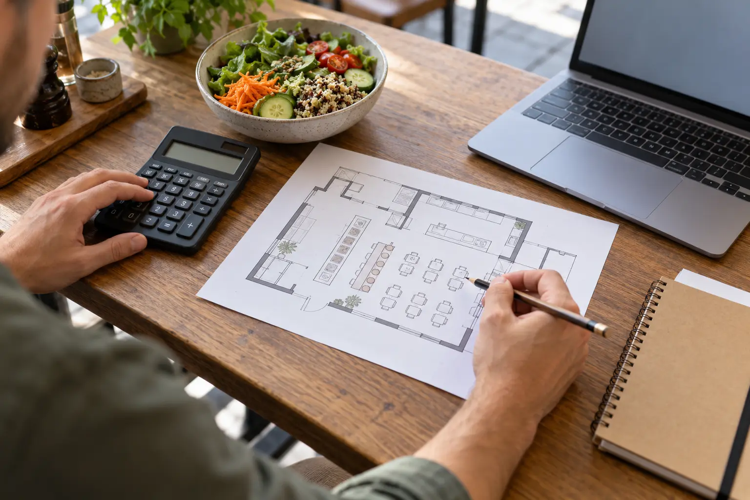 Préparation du budget d’un salad bar avec un plan de restaurant et une calculatrice