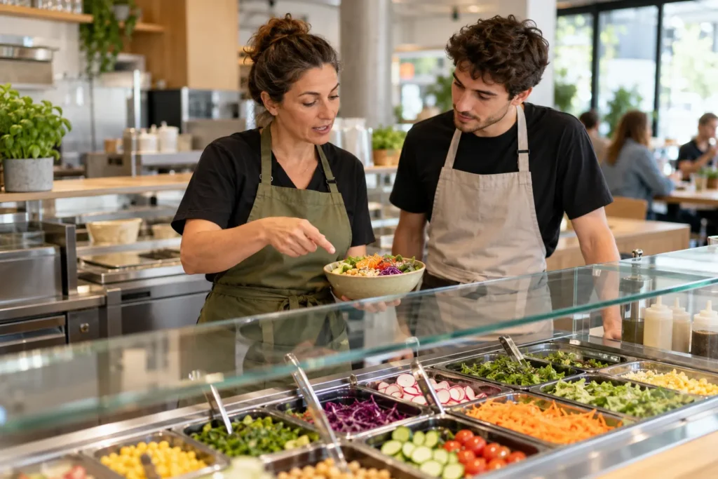 Une responsable accompagne un collègue au comptoir de préparation des salades