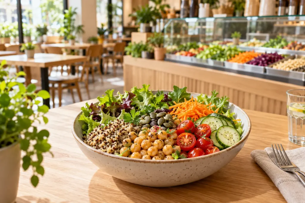 Salade composée de légumes, quinoa et pois chiches dans un salad bar