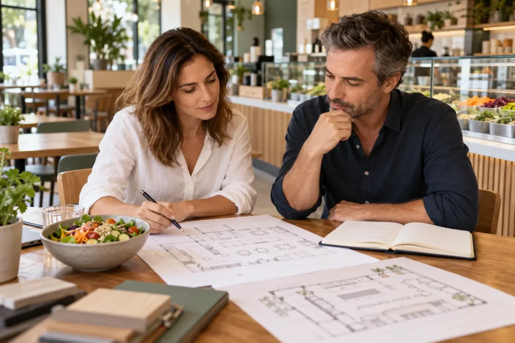 Deux entrepreneurs étudient le plan d’un restaurant pour développer leur concept