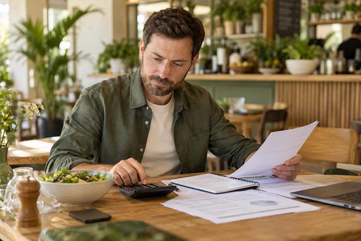 Apport personnel franchise restauration : un entrepreneur prépare son financement avec des documents et une calculatrice dans un restaurant.