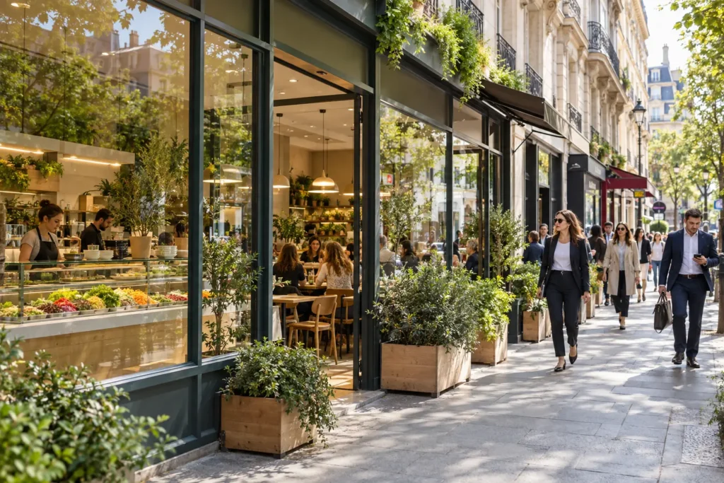 Façade d’un salad bar dans une rue commerçante fréquentée à l’heure du déjeuner