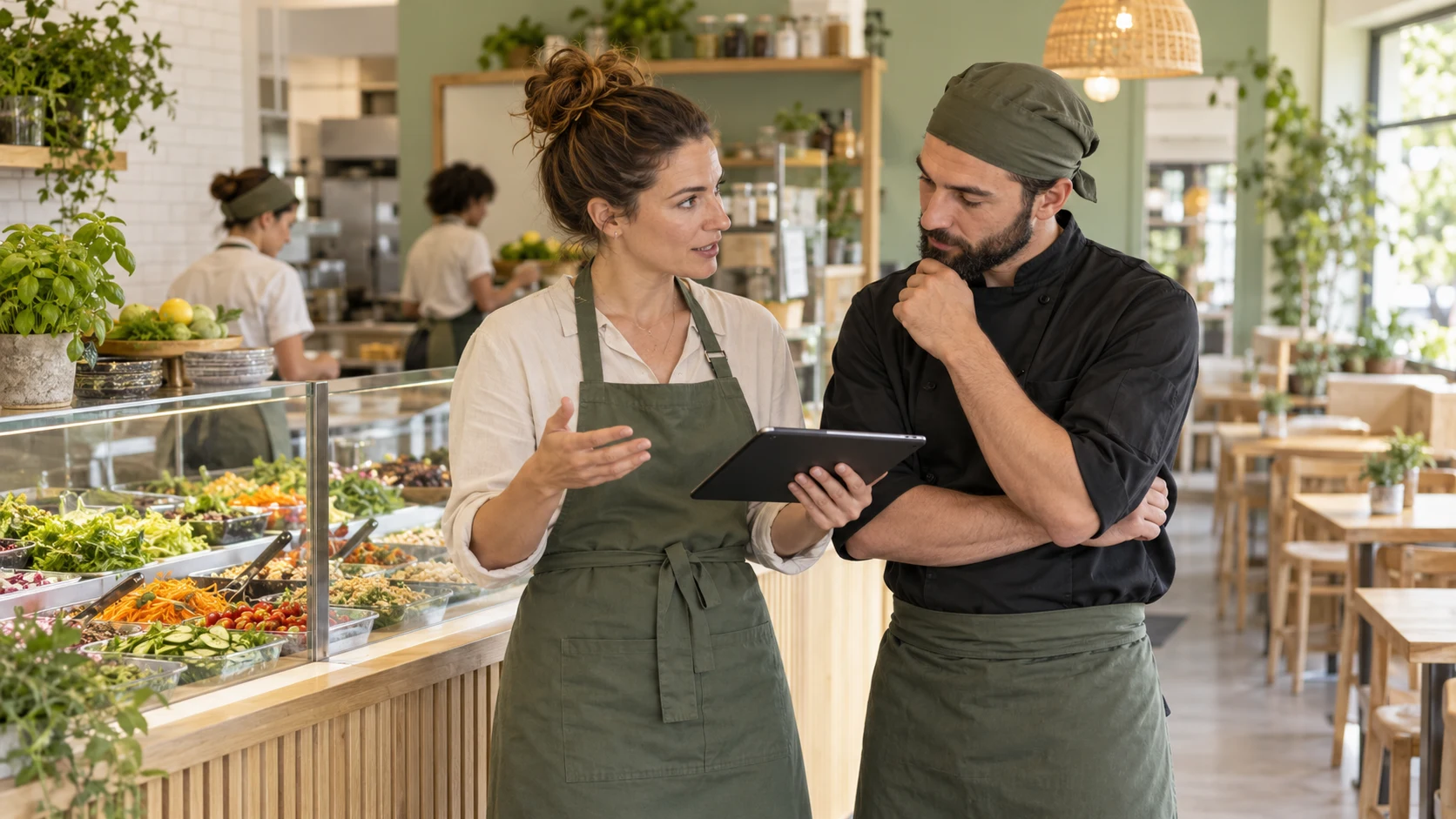Profil franchisé restauration : une entrepreneuse et un responsable organisent le service devant un comptoir de salades.